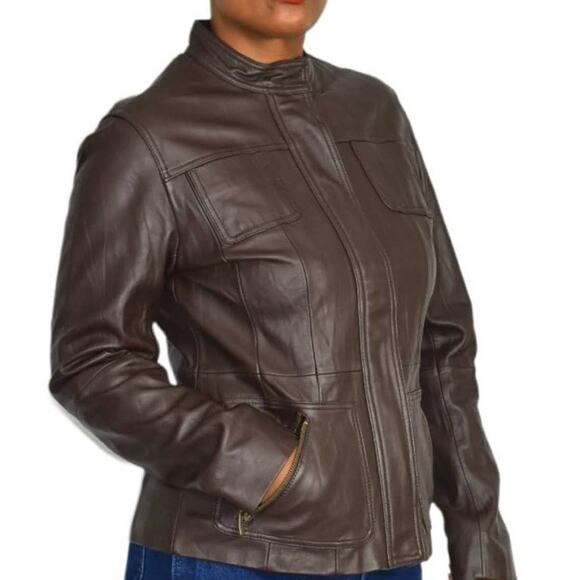 Chicos Leather Jacket Brown Cafe Racer Biker Pockets Zippered Size Small Davita - Picture 2 of 15